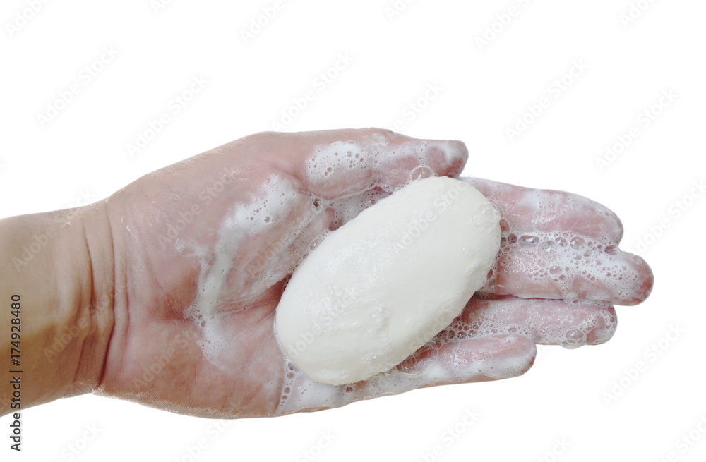 soap and bubble on hand in white background soap and bubble on hand in white background