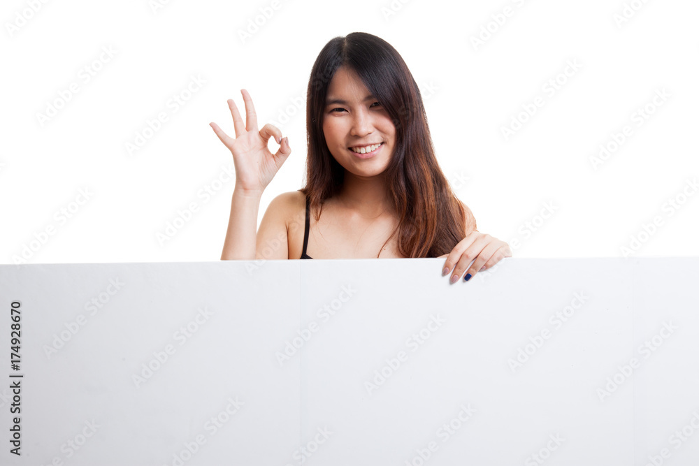 Young Asian woman show OK with blank sign. Young Asian woman show OK with blank sign.