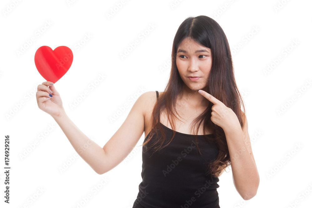 Asian woman point to red heart. Asian woman point to red heart.