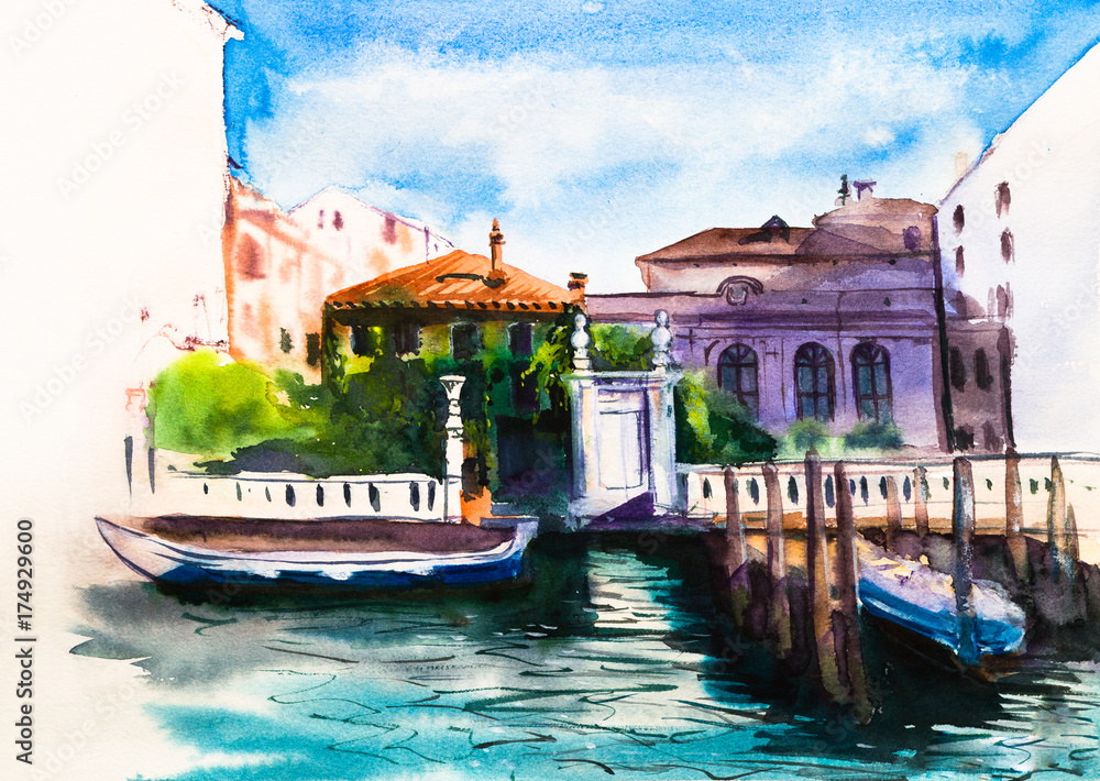 Venetian city landscape, boats, dock, beautiful architecture, watercolor drawing, watercolor painting.