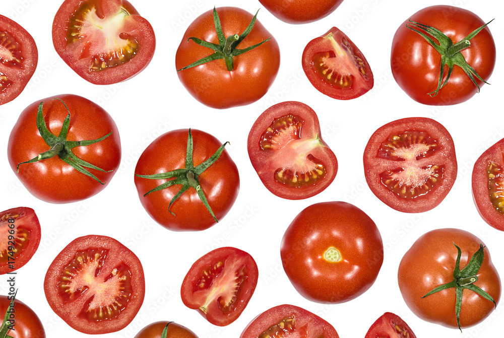 Whole and sliced of ripe tomatoes Whole and sliced of ripe tomatoes