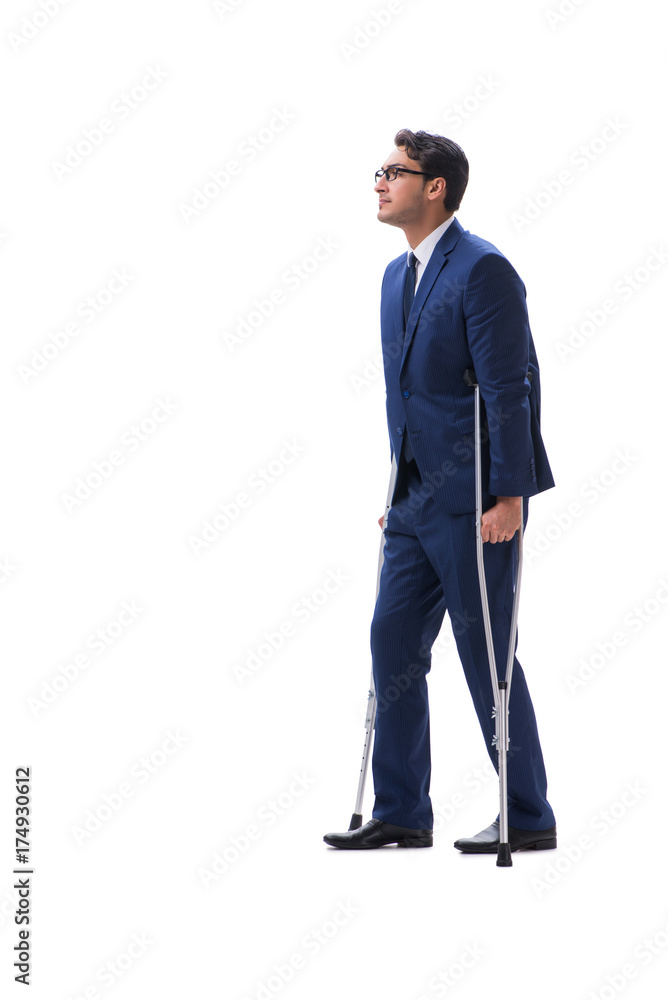 Businessman walking with crutches isolated on white background Businessman walking with crutches isolated on white background
