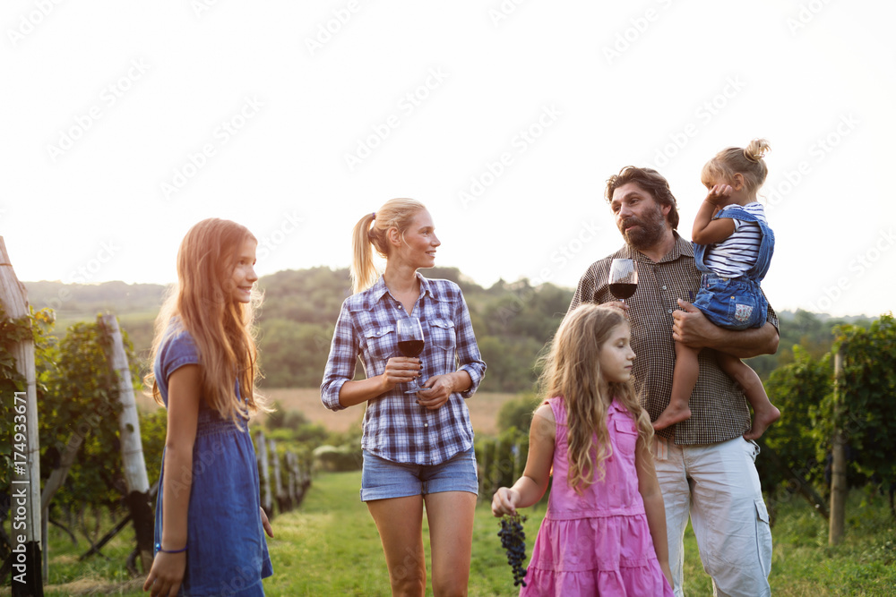 Winemaker family together in vineyard Winemaker family together in vineyard