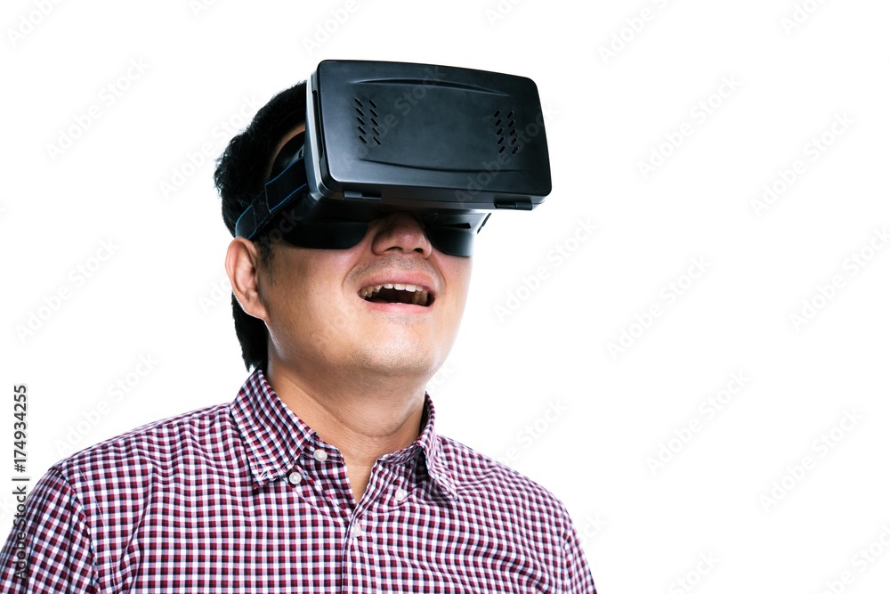 Man wearing virtual reality goggles excited impassioned mood. Studio shot, white background. Man wearing virtual reality goggles excited impassioned mood. Studio shot, white background.