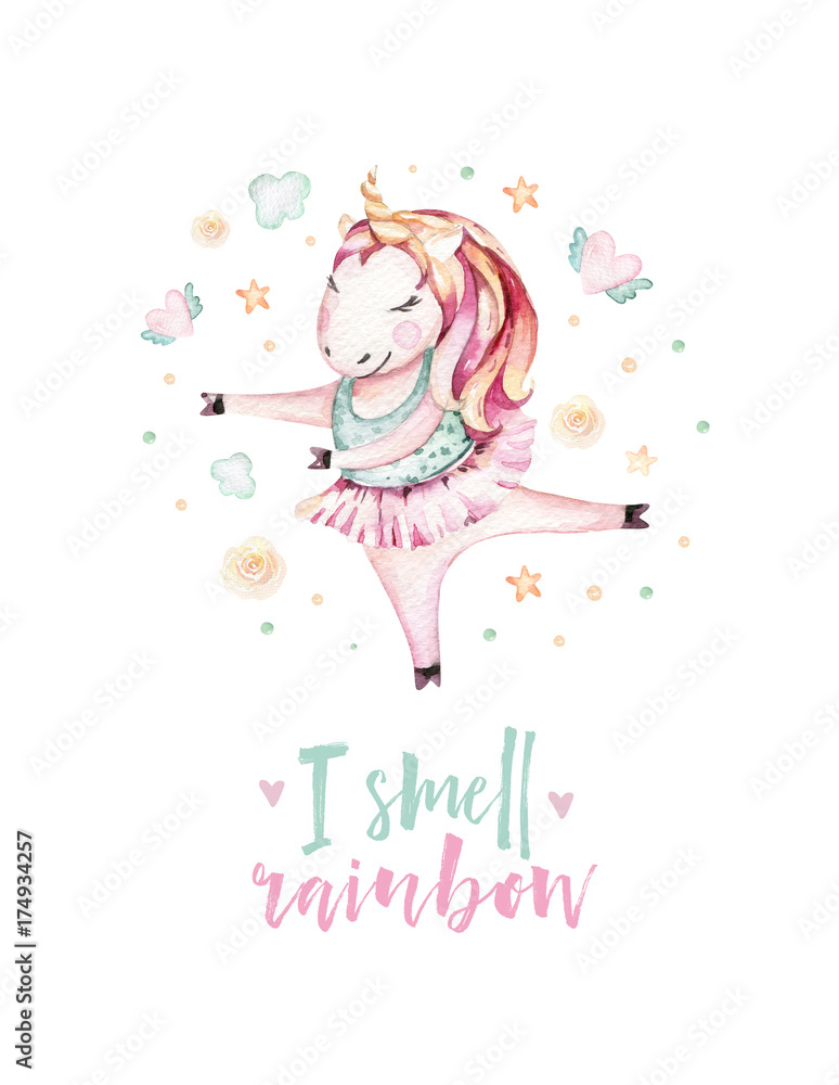 Isolated cute watercolor unicorn clipart. Nursery unicorns illustration. Princess unicorns poster. Trendy miracle pink cartoon horse.