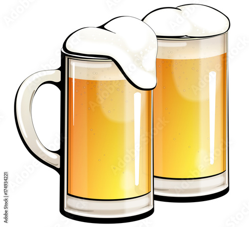 Light beer in glass mugs.