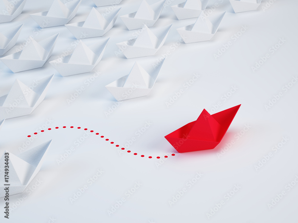 Business solution, innovation unique concept - Group of paper ship and one red ship with different way. 3d illustration - obrazy, fototapety, plakaty 