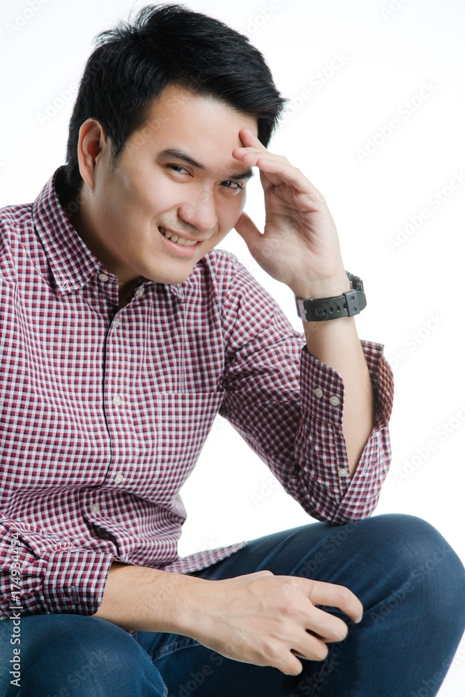 Asian man handsome sit be smile and isolated on white background. Asian man handsome sit be smile and isolated on white background.
