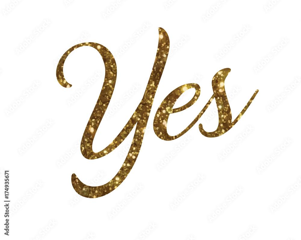 Golden glitter of isolated hand writing word YES Golden glitter of isolated hand writing word YES