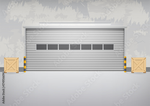 Roller door or roller shutter. Also called security door or security shutter. For protect residential, commercial and industrial building i.e. house, factory, warehouse, hangar. Vector illustration.