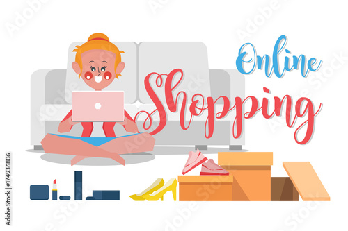 On line Shopping, Women are ordering products on line from the website, Cartoon Character Design flat style