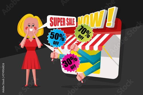 Sale and Shopping Concept, Ladies pray red dress shouted to customers to buy in the shop, Cartoon Character flat style design