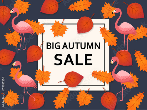 Autumn sale background with leaves, flamingo and banner inside. Advertising poster, web banner.