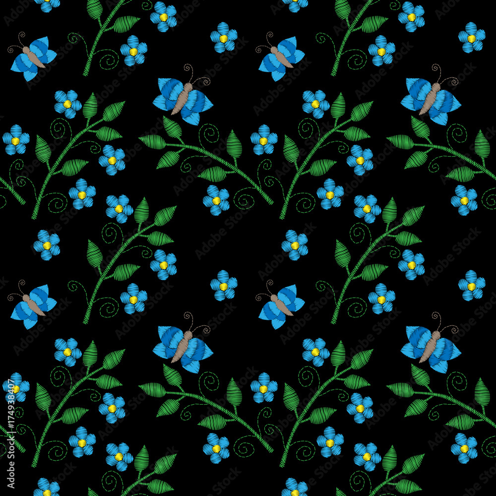Seamless pattern with little butterfly and flower embroidery stitches imitation