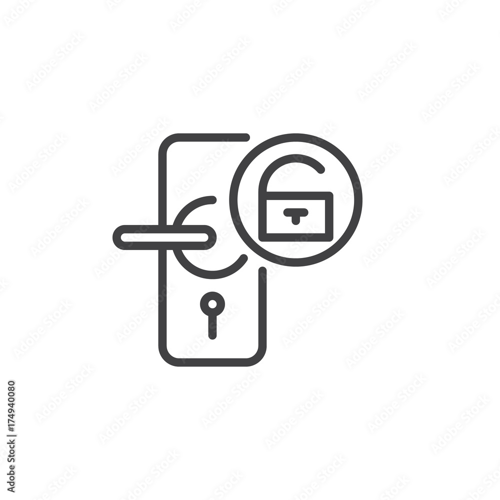 Door open padlock line icon, outline vector sign, linear style pictogram isolated on white. Symbol, logo illustration. Editable stroke Door open padlock line icon, outline vector sign, linear style pictogram isolated on white. Symbol, logo illustration. Editable stroke