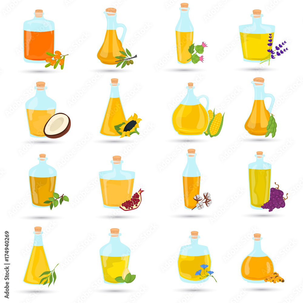 Set of different natural oils bottles color flat icons Set of different natural oils bottles color flat icons