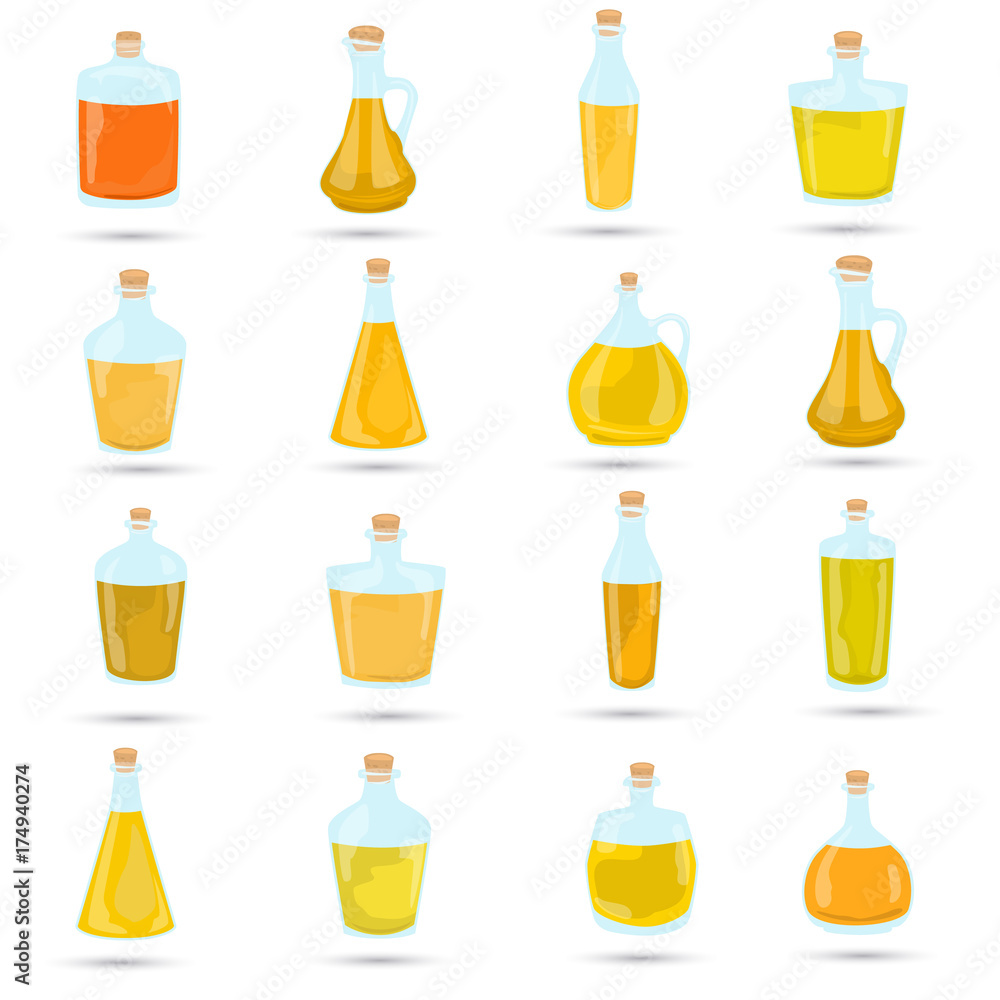 Set of different natural oils bottles color flat icons Set of different natural oils bottles color flat icons
