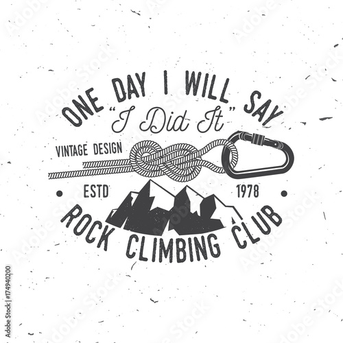 Vintage typography design with knot for quickly tying a climbing rope and carabiner.