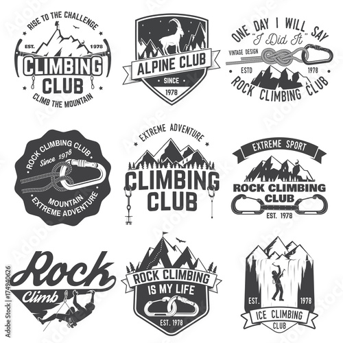 Vintage typography design with climber, carabiner and mountains