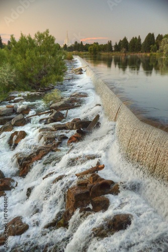 Water Flows Over Idaho Falls at Sunset