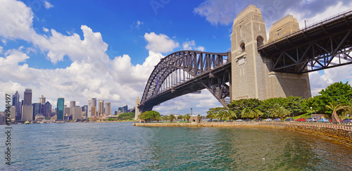 Panorama of Sydney Harbour Bridge, with city skyline and blue sky Australia