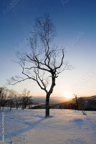 冬の道東 夕暮の藻琴山（北海道）
