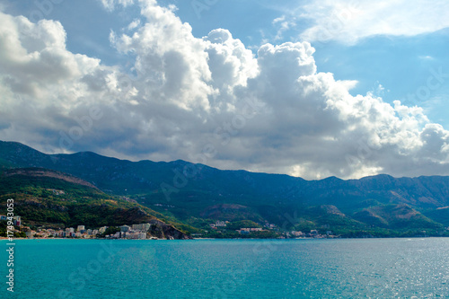 Sea view from the mountain. Adriatic Sea. A large beautiful white cloud. Montenegro