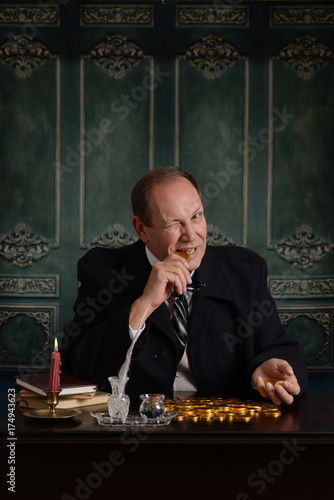 victorian business man biting gold coin