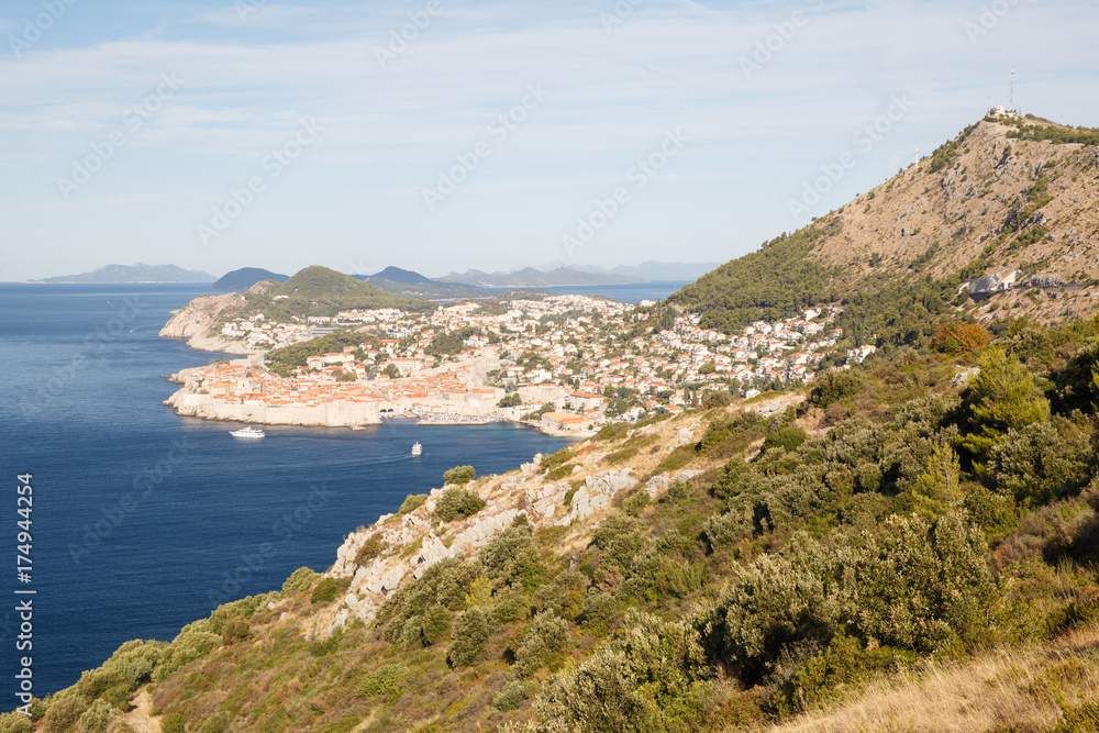 Typical Croatian landscape. Mountains, the Adriatic Sea and city of Dubrovnik.