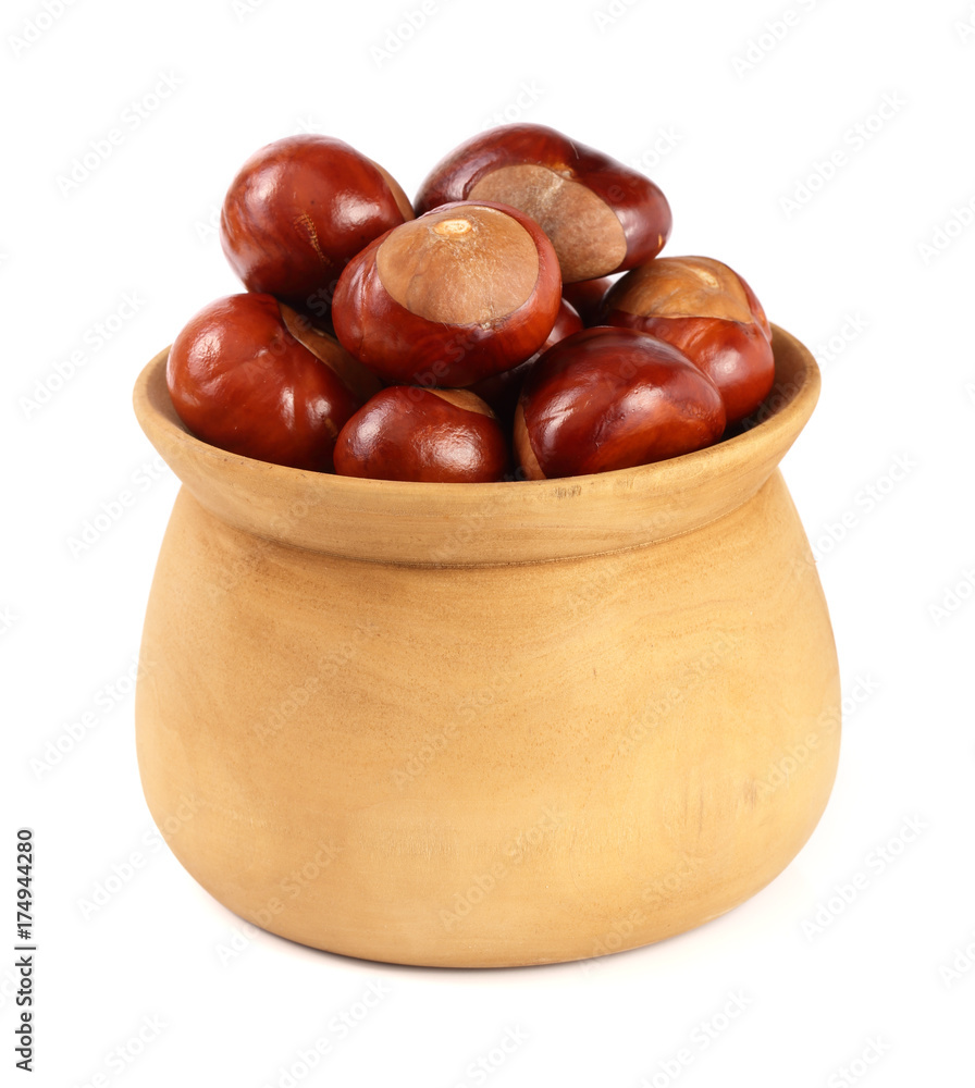 Obraz premium chestnut in a wooden bowl isolated on white background closeup
