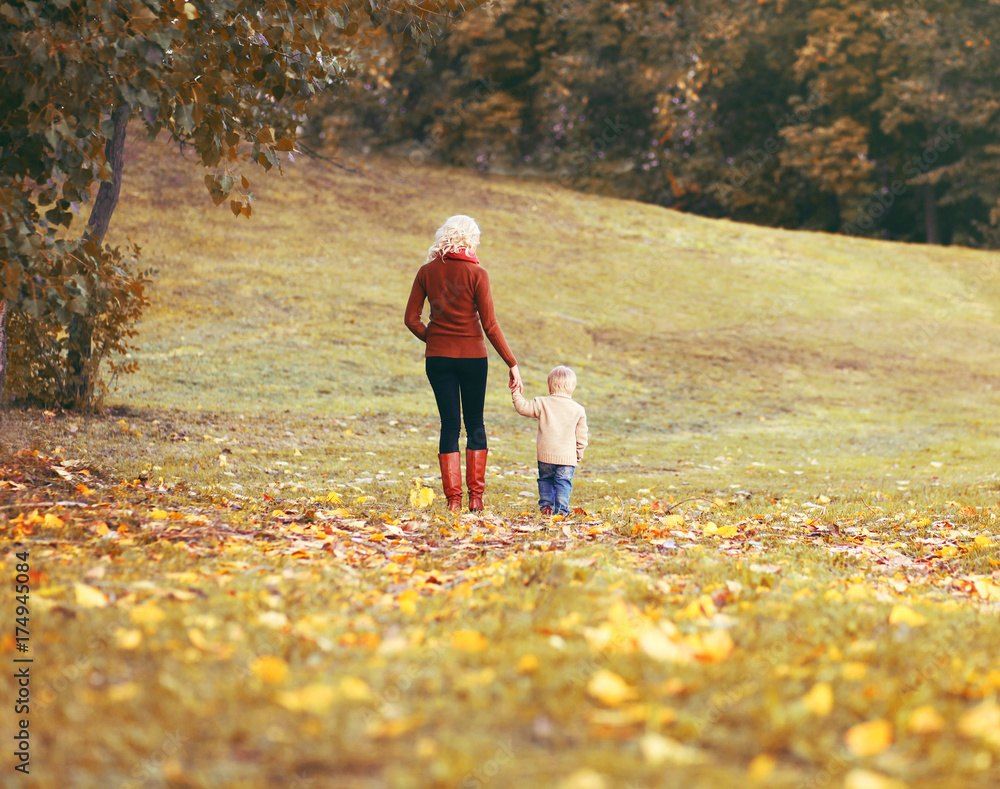 Fototapeta premium Mother and child walking together in an autumn park, yellow leaves