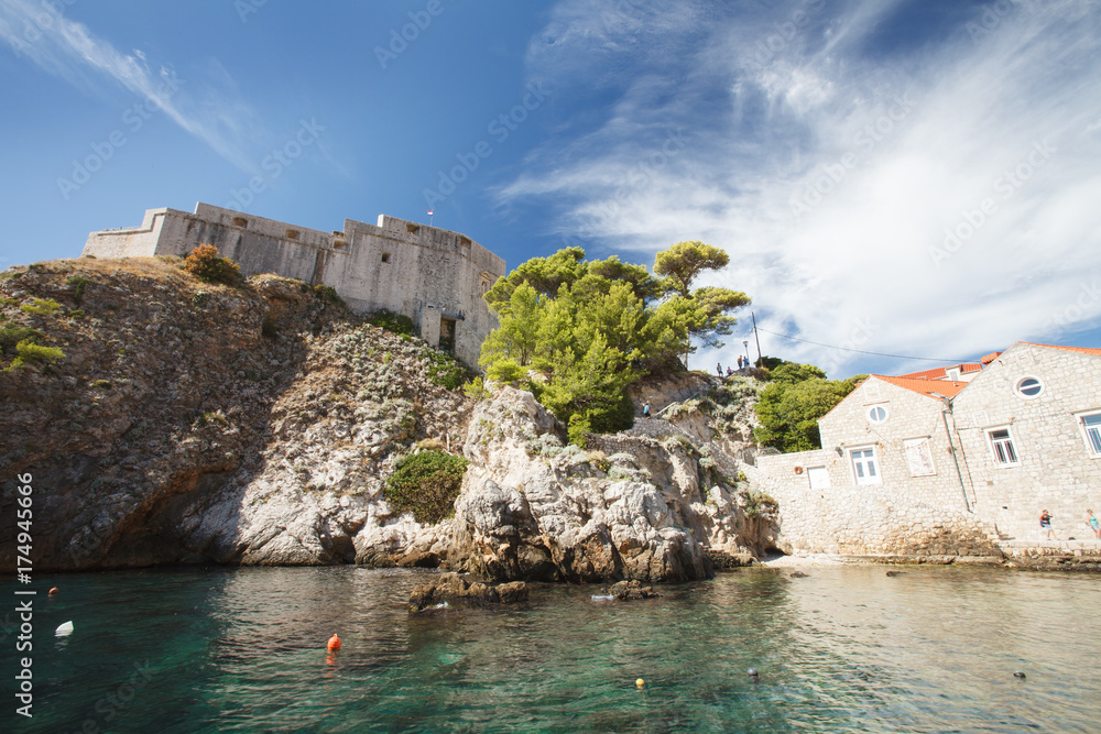 picturesque view of the West harbor and the Fort Lovrijenac. Dubrovnik, Croatia