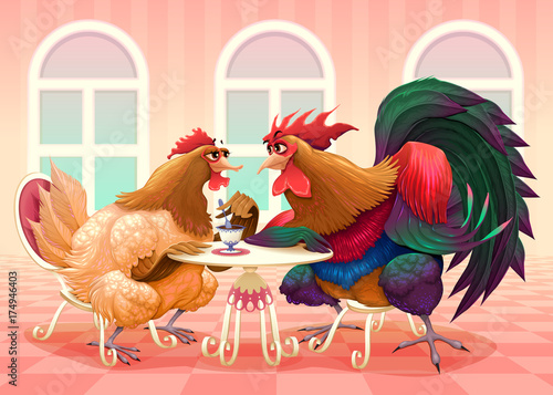 Hen and rooster in a cafè