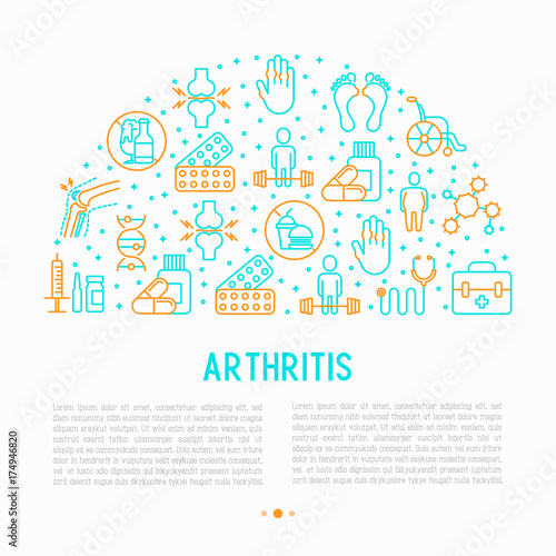 Arthritis concept in circle with thin line icons of symptoms and treatments: pain in joints, obesity, fast food, alcohol, medicine, wheelchair. Vector illustration for banner, web page, print media.