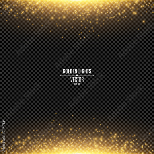 Abstract golden lights fall on a transparent background. Magical gold dust and glare. Festive background. Golden backlight. Vector