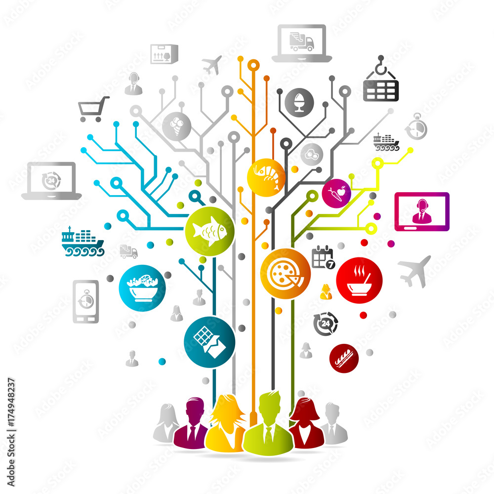 Food delivery concept illustration with colorful icons over circuit board Food delivery concept illustration with colorful icons over circuit board