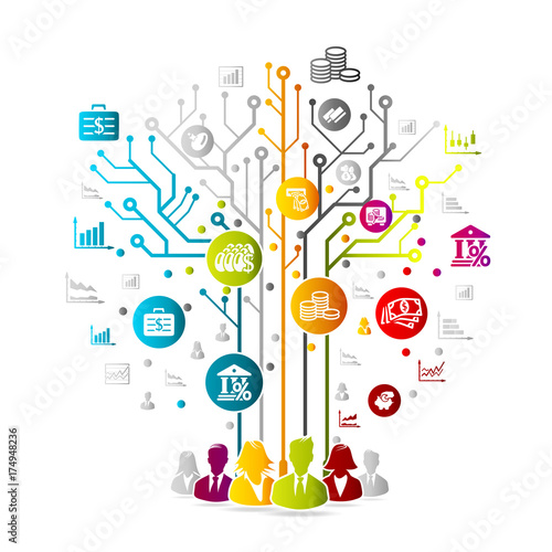 Fintech concept illustration with colorful icons over circuit board