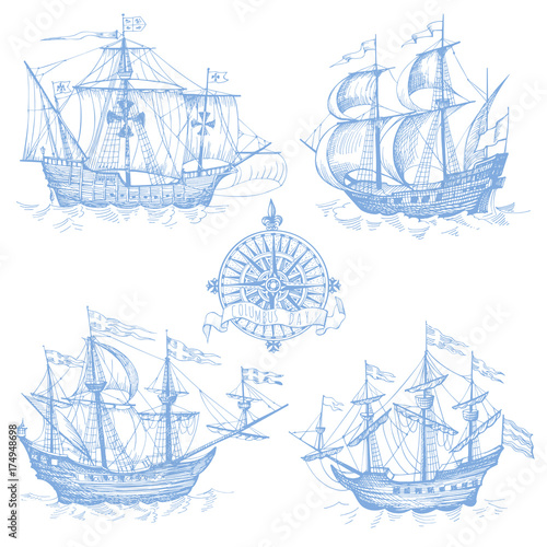Old caravel, vintage sailboat. Hand drawn vector sketch.