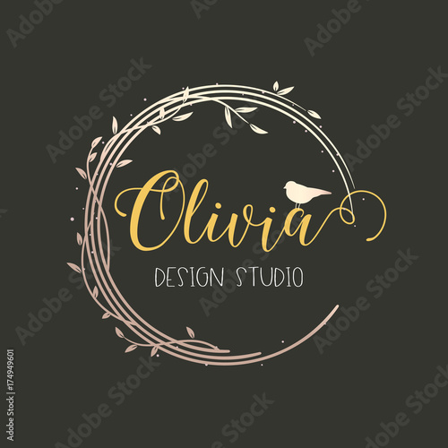 Premade logo design with floral wreath. Tree branches, leaves and little bird. Feminine logotype template