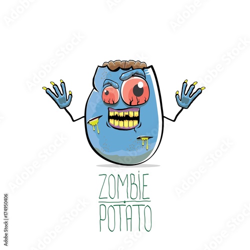 vector funny cartoon cute blue zombie potato isolated on white background. Halloween monster vegetable funky character