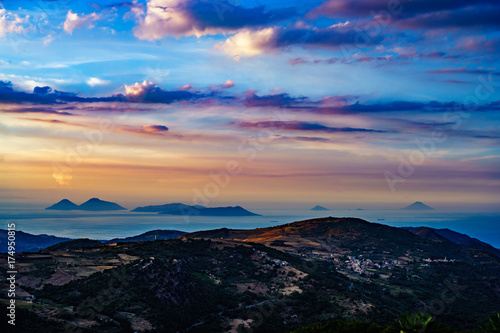 Beautiful sunset from Montalbano Elicona, view of Aeolian Islands, Sicily Italy.