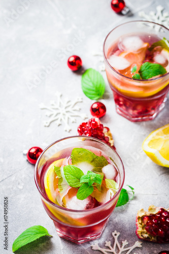 Holiday pomegranate ginger drink. Selective focus, space for text. 