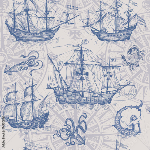 Old caravel, vintage sailboat, sea monster. Vector seamless pattern