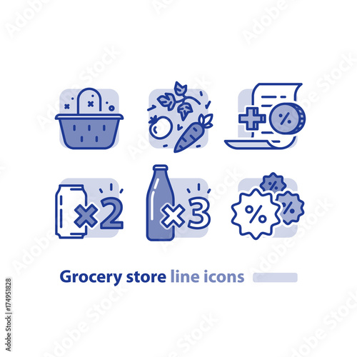 Food shopping, grocery basket, fresh vegetables line icon, reward loyalty program, discount beverage, soda cans offer