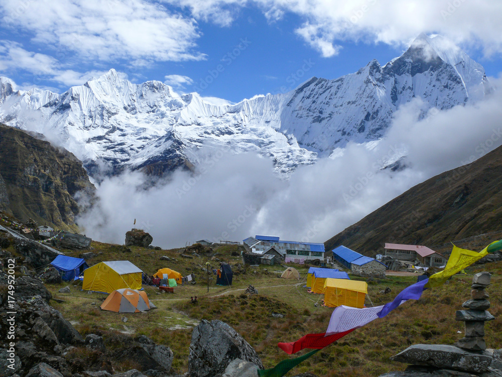 Tents in Annapurna Base camp, Amazing view to Mount Machapuchare, Fishtail mountain - obrazy, fototapety, plakaty 