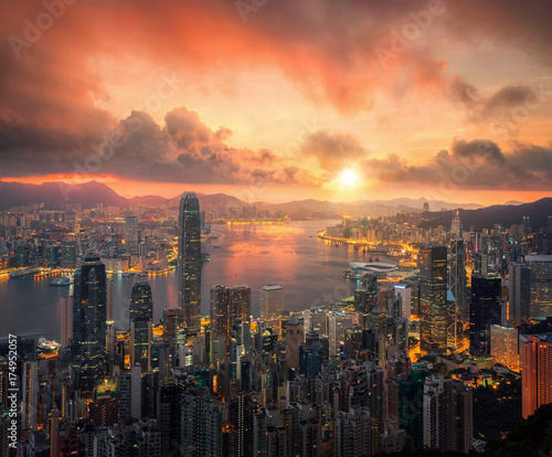 Hongkong city scape with sun and light from building