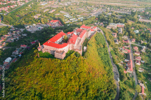 Aerial view of old Palanok Castle or Mukachevo Castle, Ukraine, built in 14th century. photo