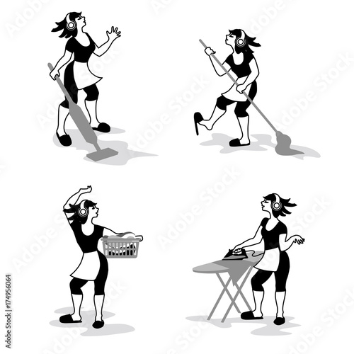 Characters set of happy housewife listening to music and dancing during she washes, irons, vacuums, cleans. Vector illustration in a flat style.