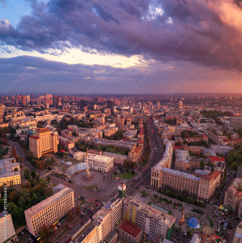 A view from the air to the central street of Kiev - Khreshchatyk, the European Square, Independence Square, Stalin and modern architecture. Ukraine