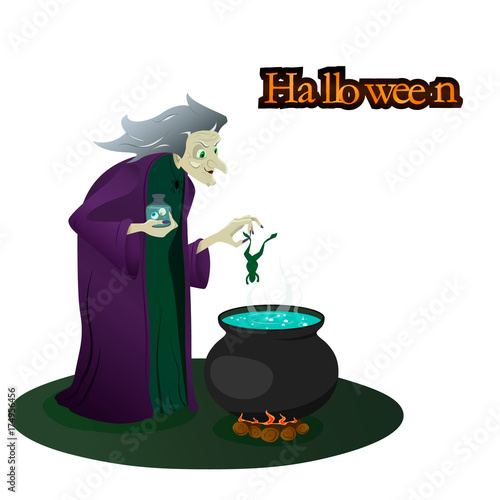witch brews potions. halloween. vector illustration